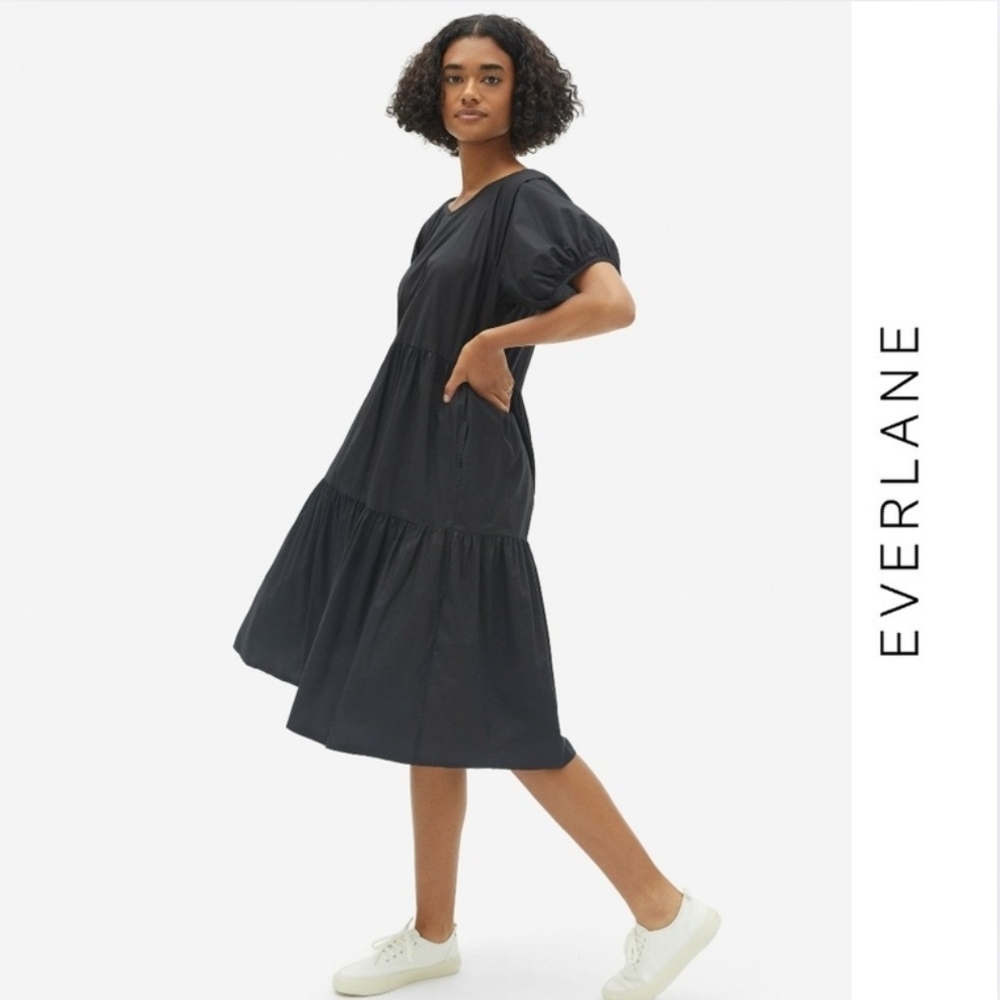 NWOT {Everlane} The Tiered Cotton Puff Sleeve Dress in Black (XS)